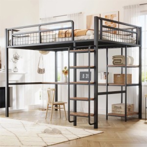 KOMHTOM Hochbett 140 x 200 Cm  Sicherheitsleiter Mit Treppe  Kinderbett Mit Tisch Und Ablage  Jugendbett/Erwachsenenbett  Schwarz