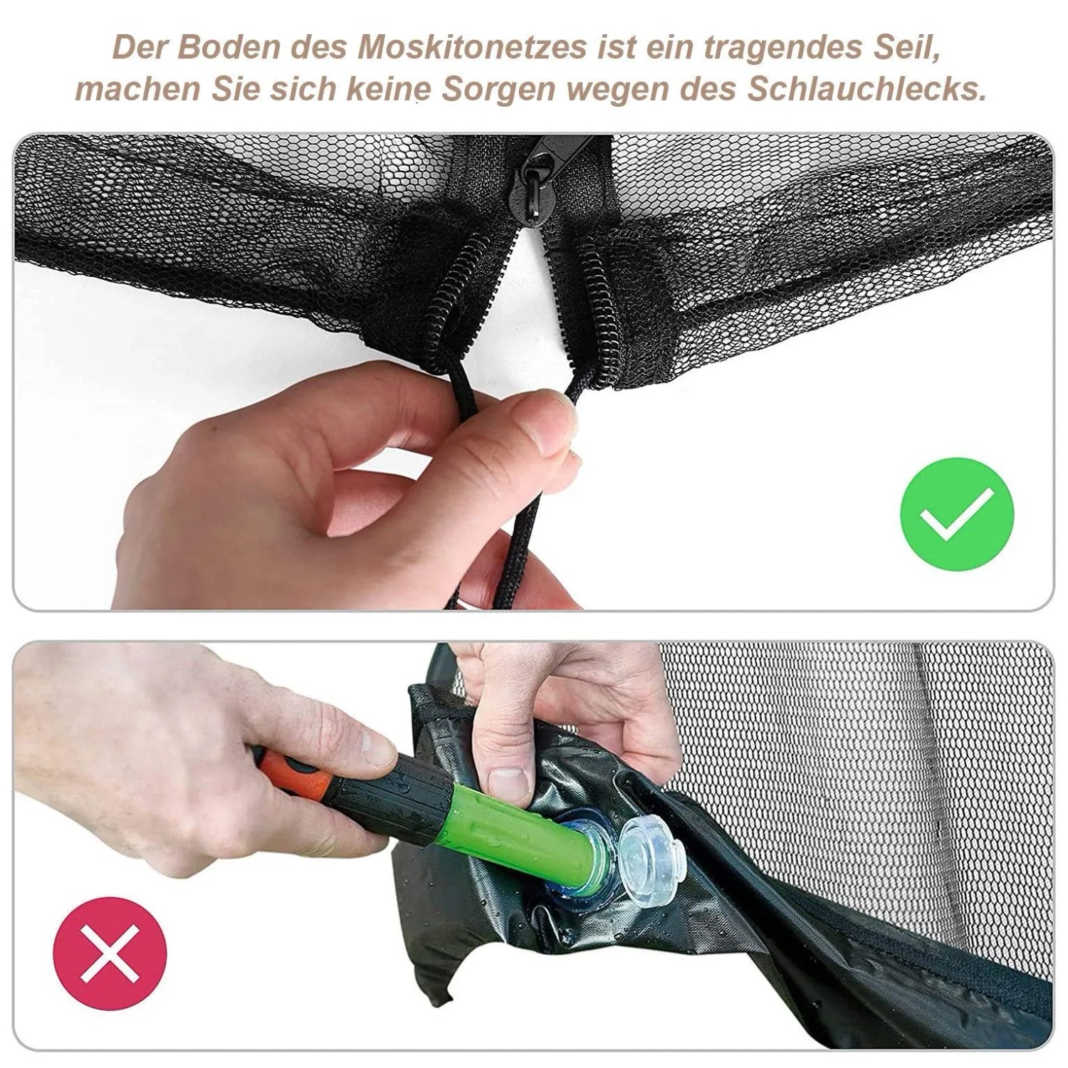 Hand hält die Bodenkordel des schwarzen Moskitonetzes für Sonnenschirme. Stabiles Design ohne aufblasbare Elemente.