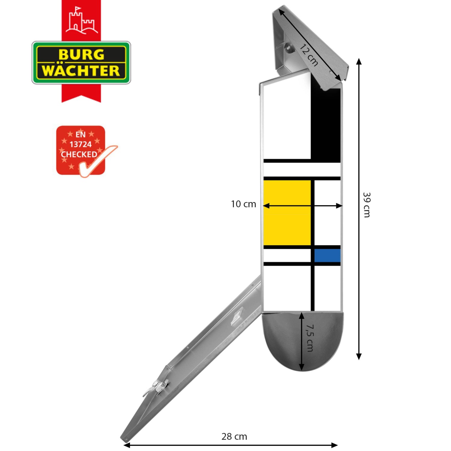 Banjado Edelstahl Briefkasten mit Zeitungsfach, Motiv Rot Gelb Blau, 38x39x12cm.