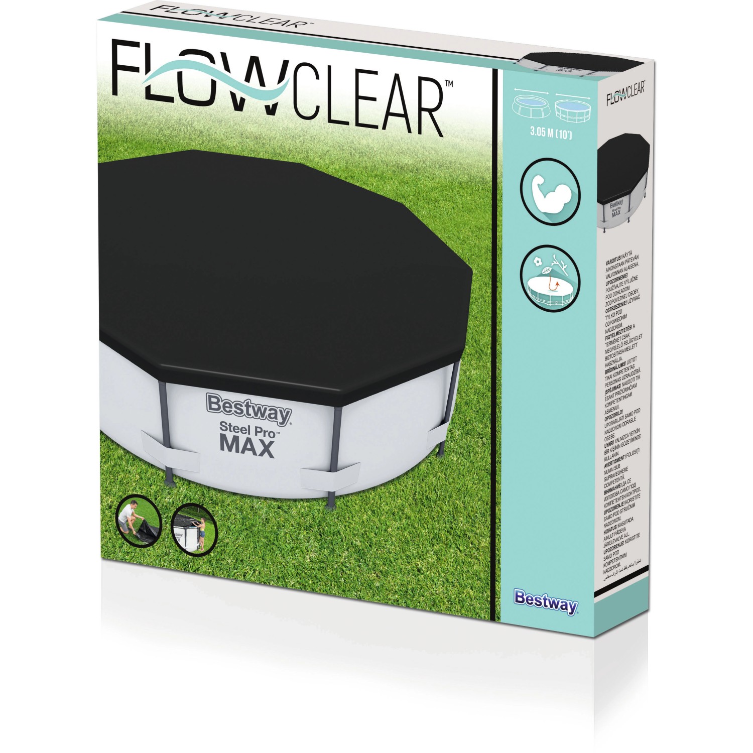 Verpackung der schwarzen Bestway PVC-Abdeckplane für runde Pools mit Ø 305 cm.