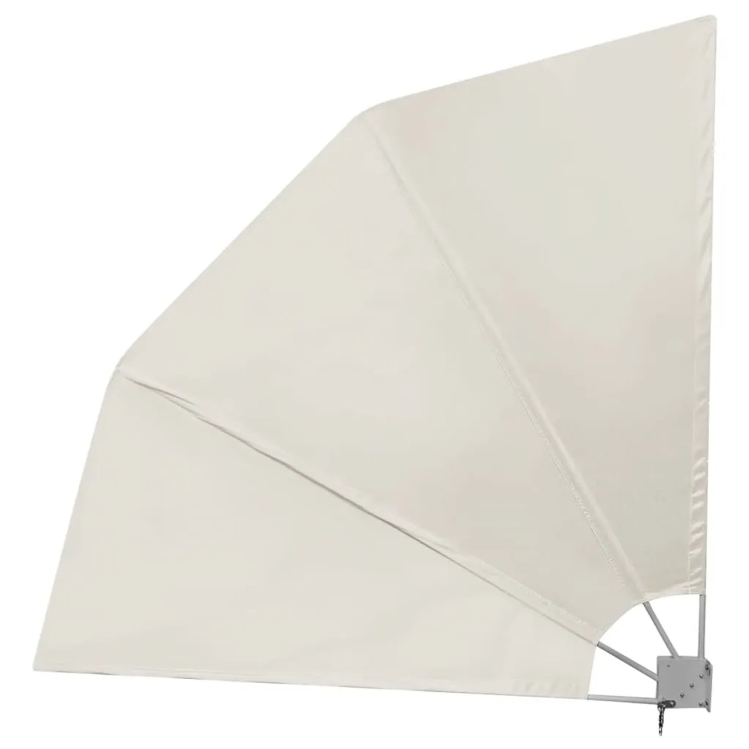 Cremefarbener faltbarer Balkonfächer als Sicht- und Windschutz. Dreieckige Form mit sichtbarem Stahlgestell. Ideal für Balkon.