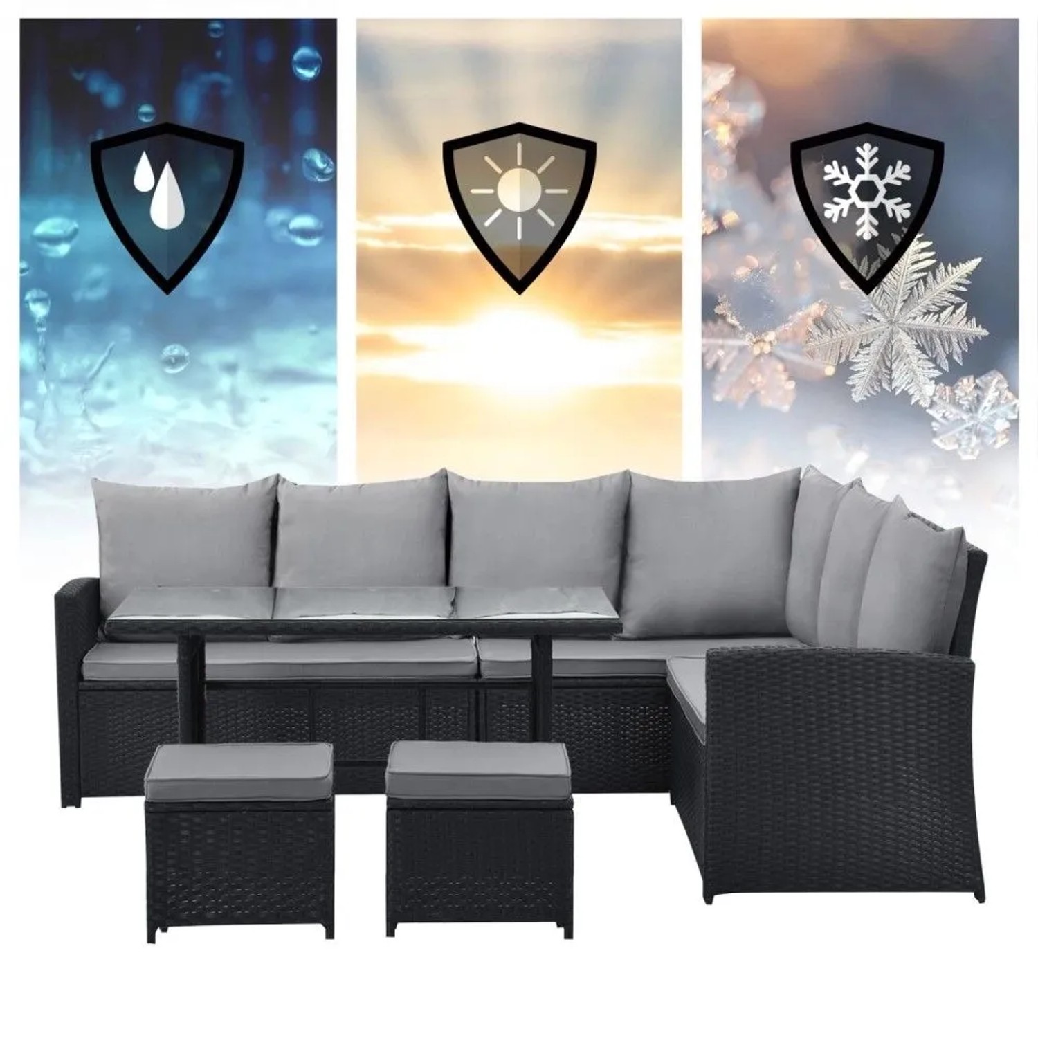 Schwarzes Svita Monroe Polyrattan Garten-Lounge Set mit grauen Kissen, Tisch, 2 Hockern. Wetterfest: Regen-, UV- & Frostschutz.
