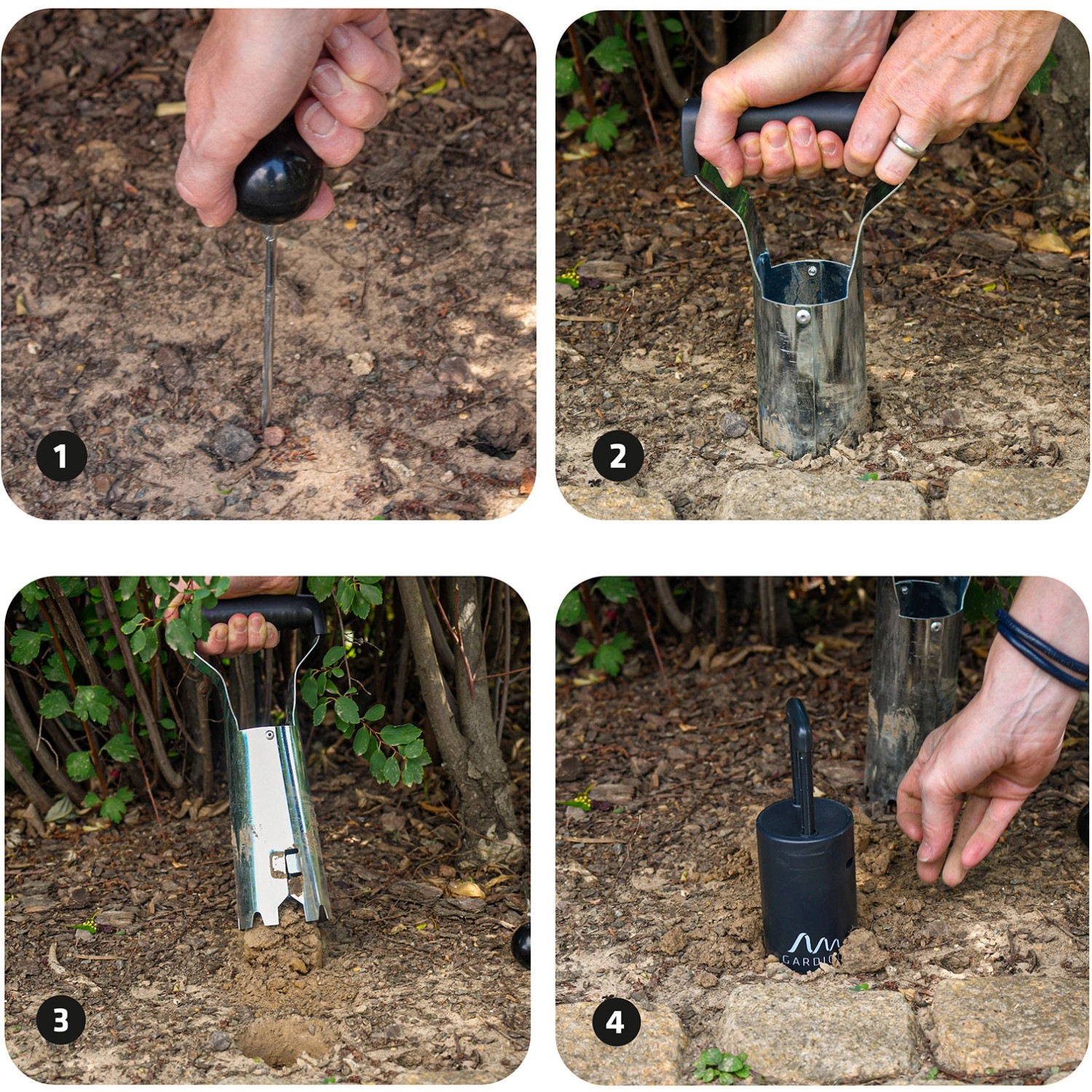 Gardigo Wühlmausfalle All-In 4er-Set: Anwendung des Gangfinders und der Lochstanze in 4 Schritten.