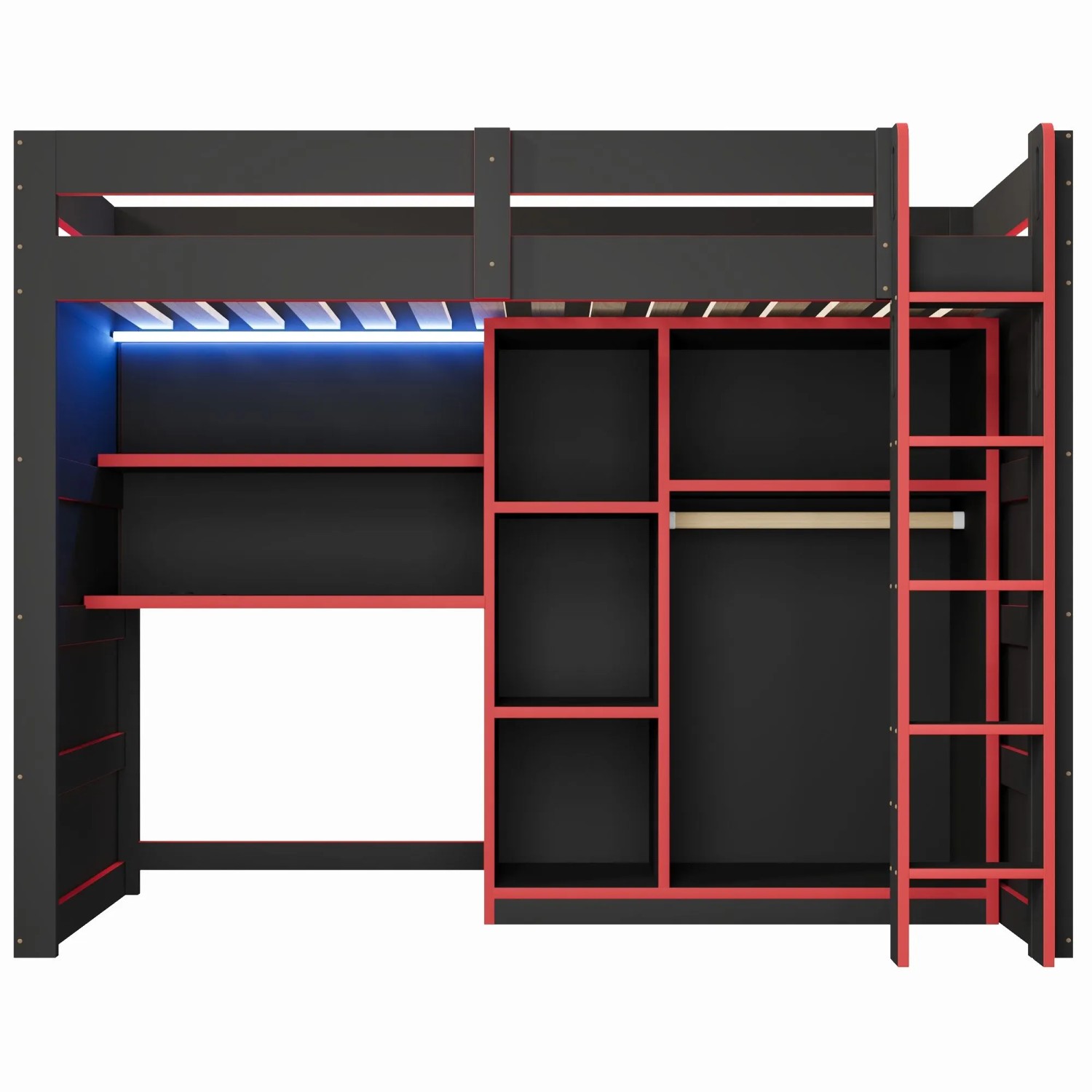 Merax Gaming Holz Hochbett 90x200 cm Mit Schreibtisch Kleiderschrank Stauraum USB LED Schwarz Rot