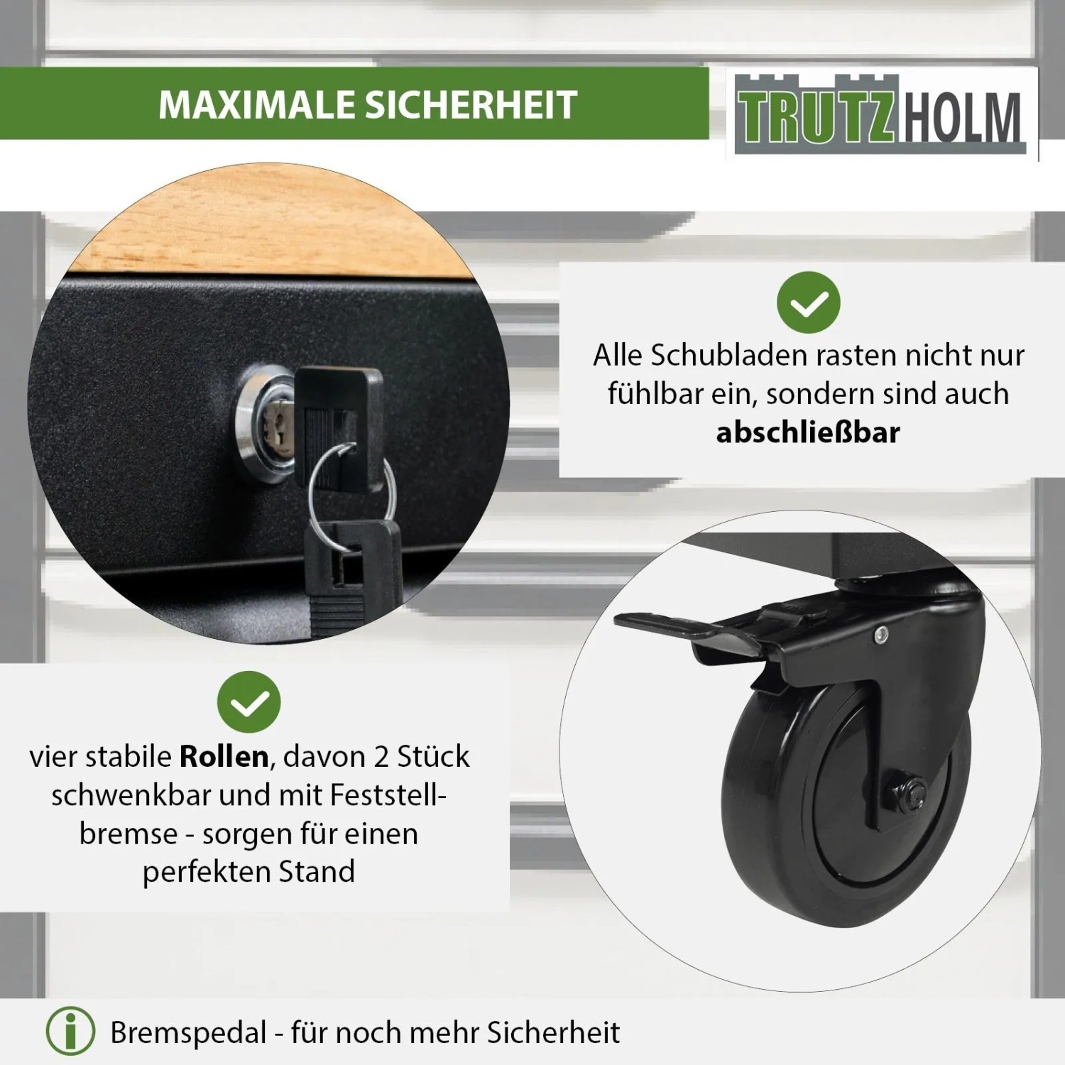 Detailansicht TRUTZHOLM Werkstattwagen Jumbo XXL: Schublade mit Schloss, Rollen mit Feststellbremse.