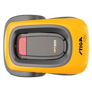 Gelber Stiga Mähroboter G 600 mit Akku, Top-Ansicht.