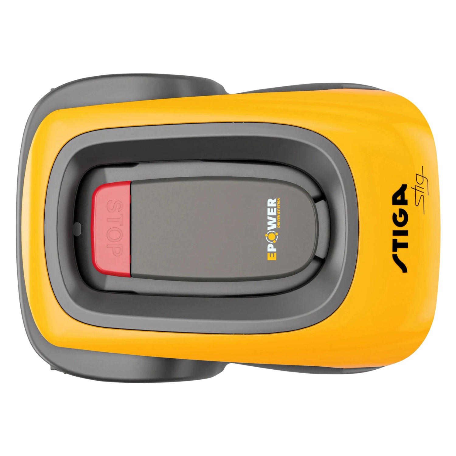 Gelber Stiga Mähroboter G 600 mit Akku, Top-Ansicht.