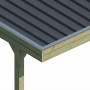 Detailansicht des Skan Holz Carport Friesland: Grüne Holzkonstruktion mit anthrazitfarbenen Stahl-Dachplatten und Aluminiumblende.