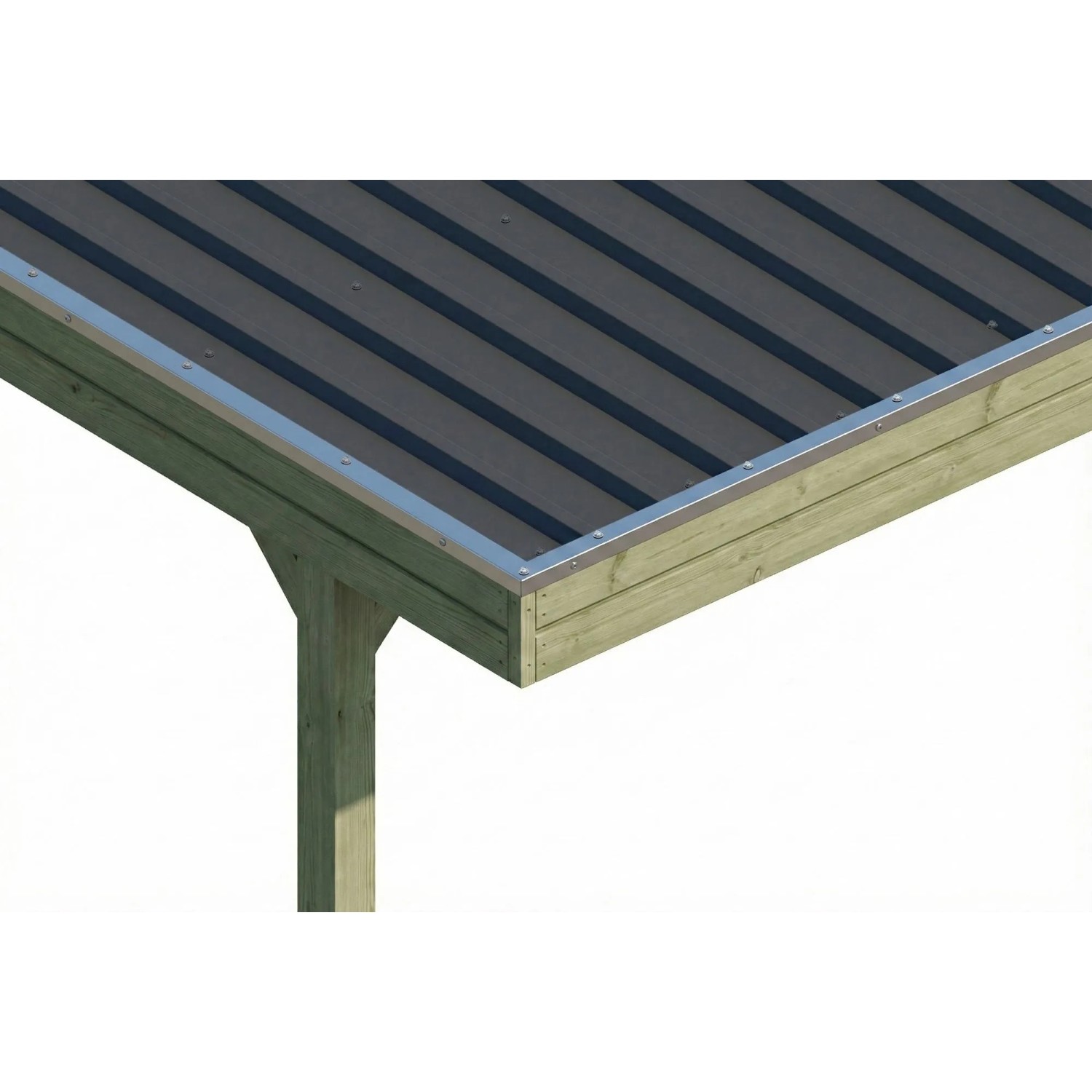Detailansicht des Skan Holz Carport Friesland: Grüne Holzkonstruktion mit anthrazitfarbenen Stahl-Dachplatten und Aluminiumblende.