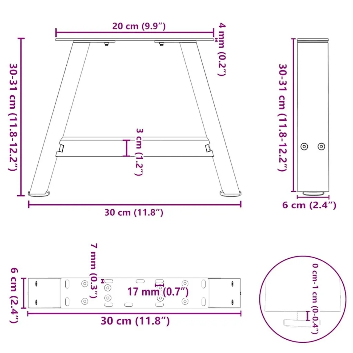 Schwarze vidaXL Couchtischbeine in A-Form, 2er Set, Stahl, 30x30-31 cm, mit Maßangaben.