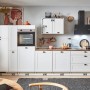 Moderne pino Küchenzeile, 350 cm, Weiß matt, mit Geräten, Apothekerschrank und Holz Arbeitsplatte.