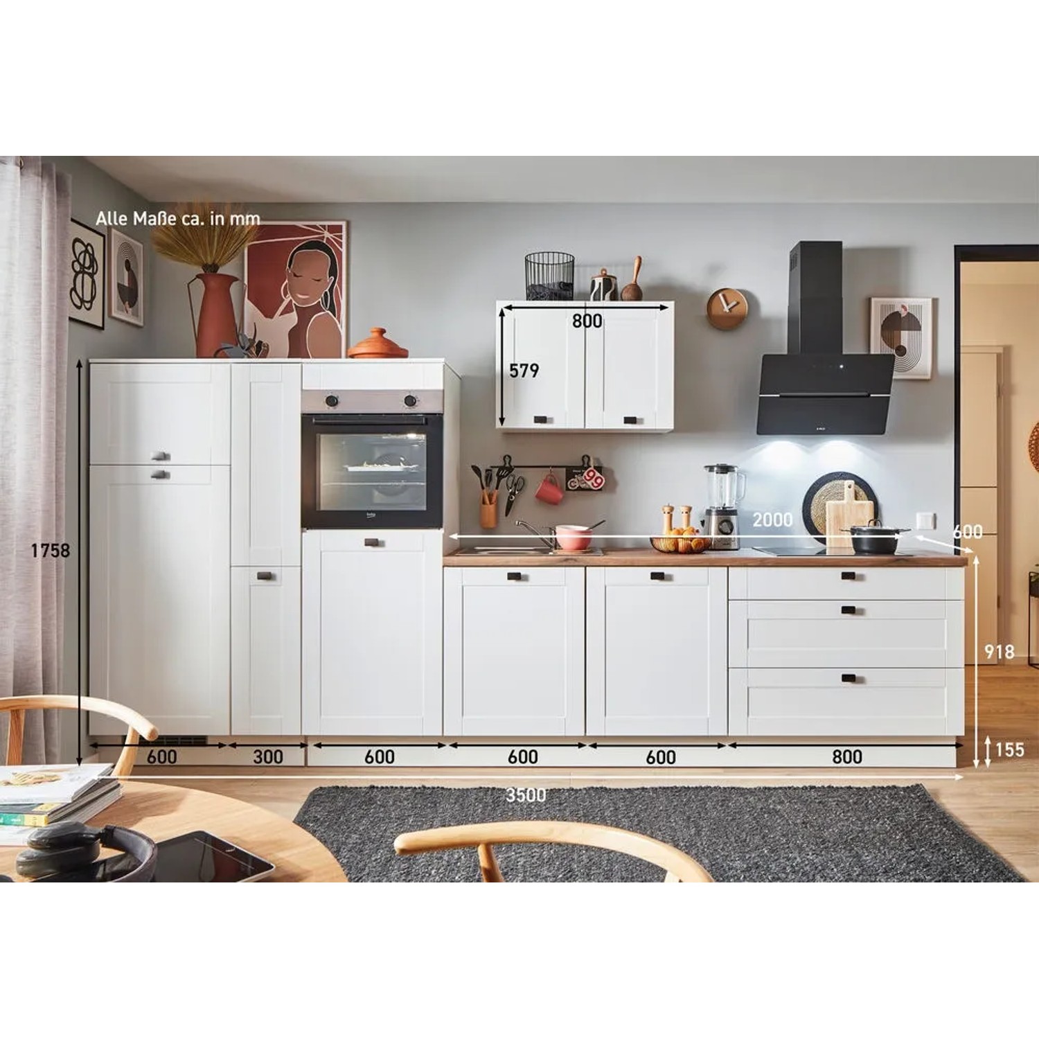 Moderne pino Küchenzeile, 350 cm, Weiß matt, mit Geräten, Apothekerschrank und Holz Arbeitsplatte.