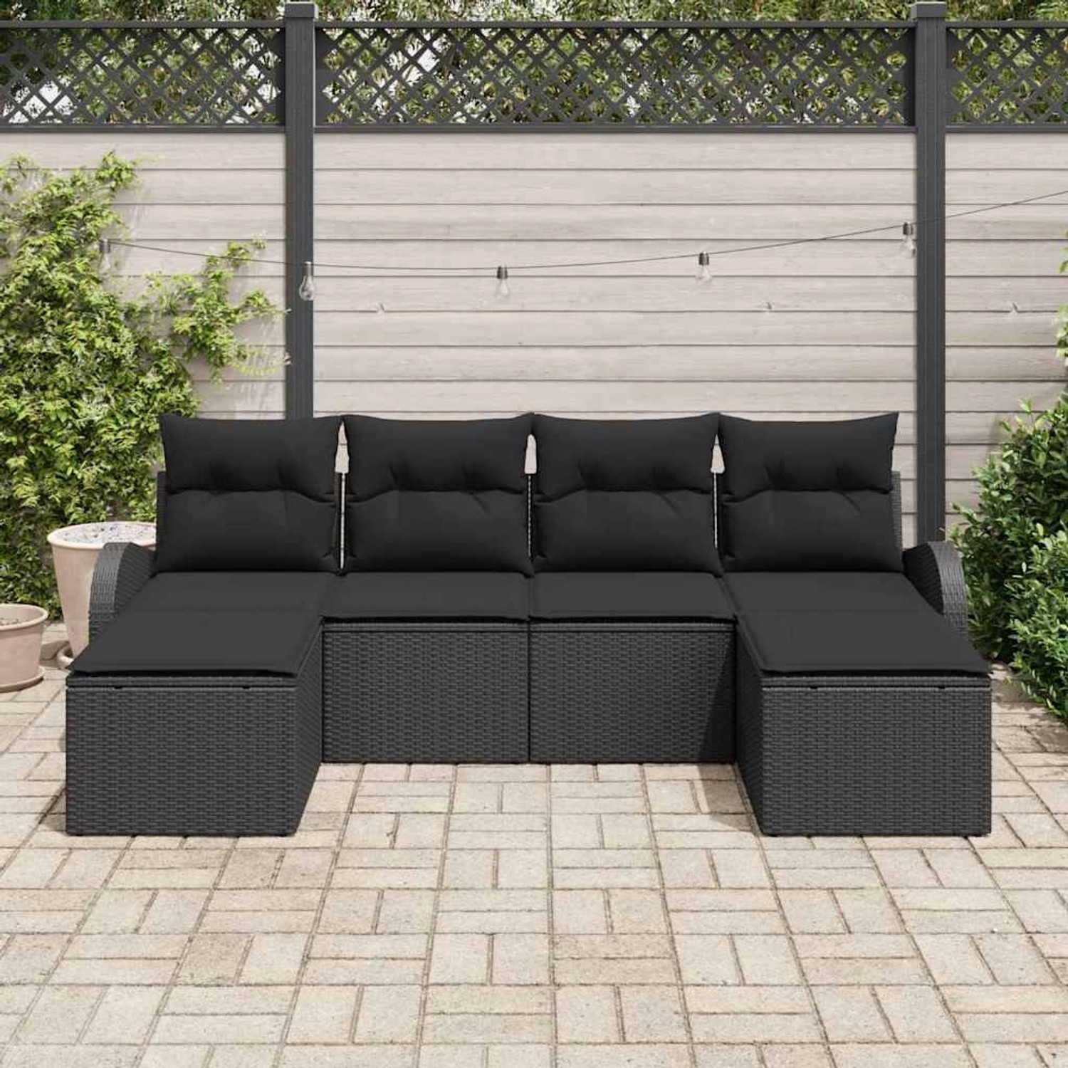 Schwarzes 6-tlg. vidaXL Garten-Sofa-Set aus Poly Rattan mit Kissen für Garten oder Terrasse.