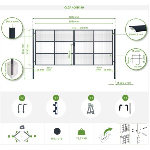 Technische Zeichnung: Graues Casanoov Schwingtor Olga 4 m mit Maßangaben.