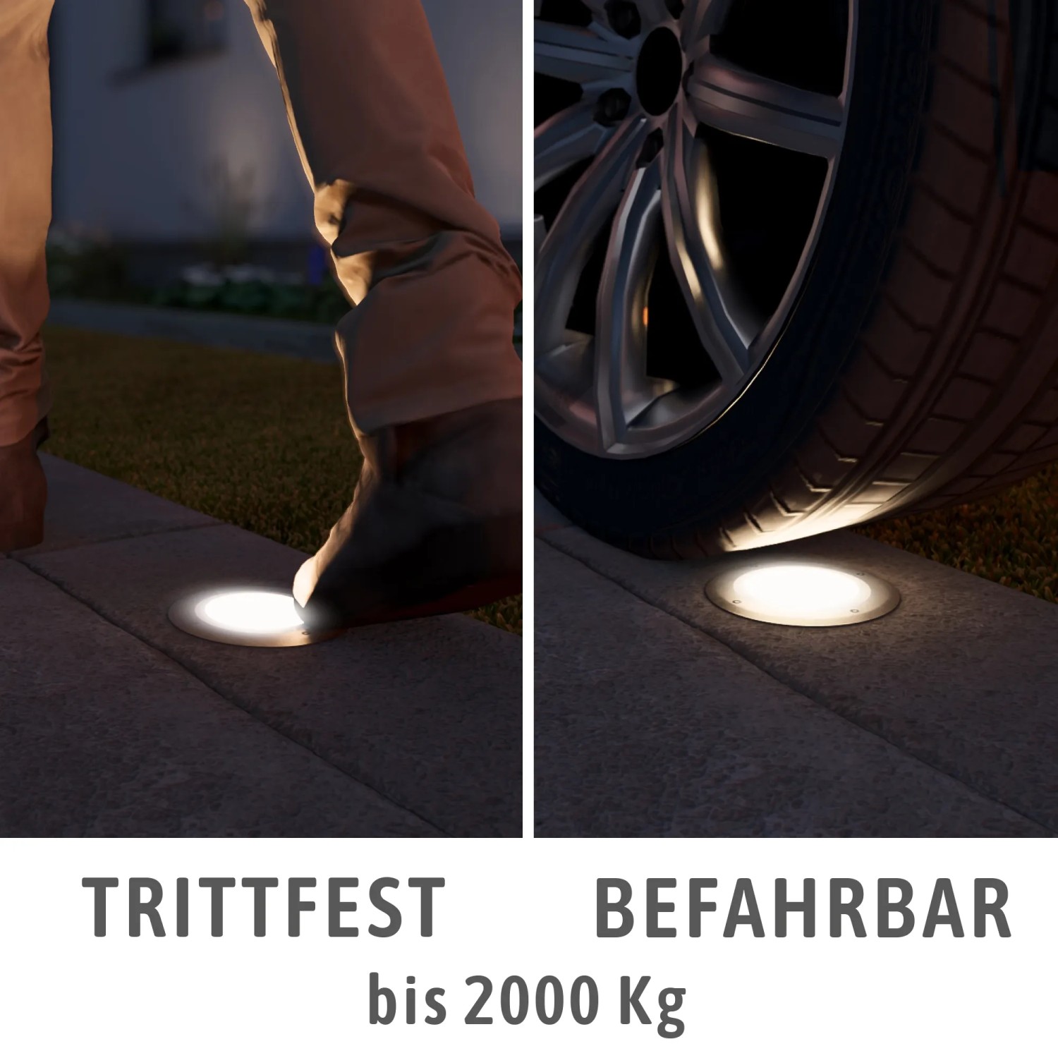 Befahrbare SSC-LUXon LED Bodenleuchte Viskos, geeignet für Außenbereiche wie Einfahrten und Wege.