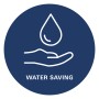 Symbol für Wassersparen: stilisierte Hand unter Wassertropfen.