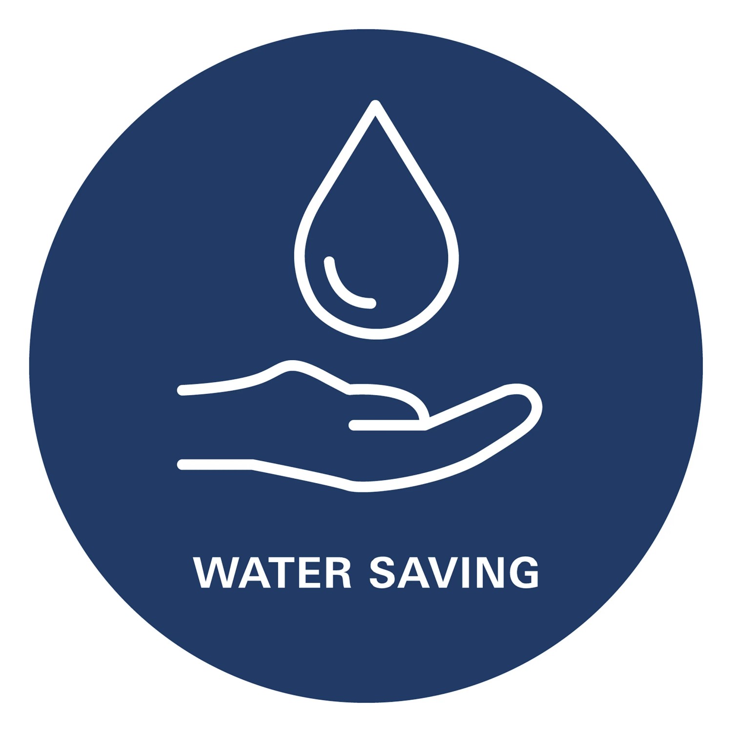 Symbol für Wassersparen: stilisierte Hand unter Wassertropfen.