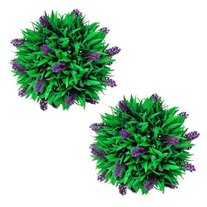 2 künstliche Buchsbaumkugeln mit Lavendel, 28 cm Durchmesser. Dekorative Kunstpflanzen für Innen und Außen.