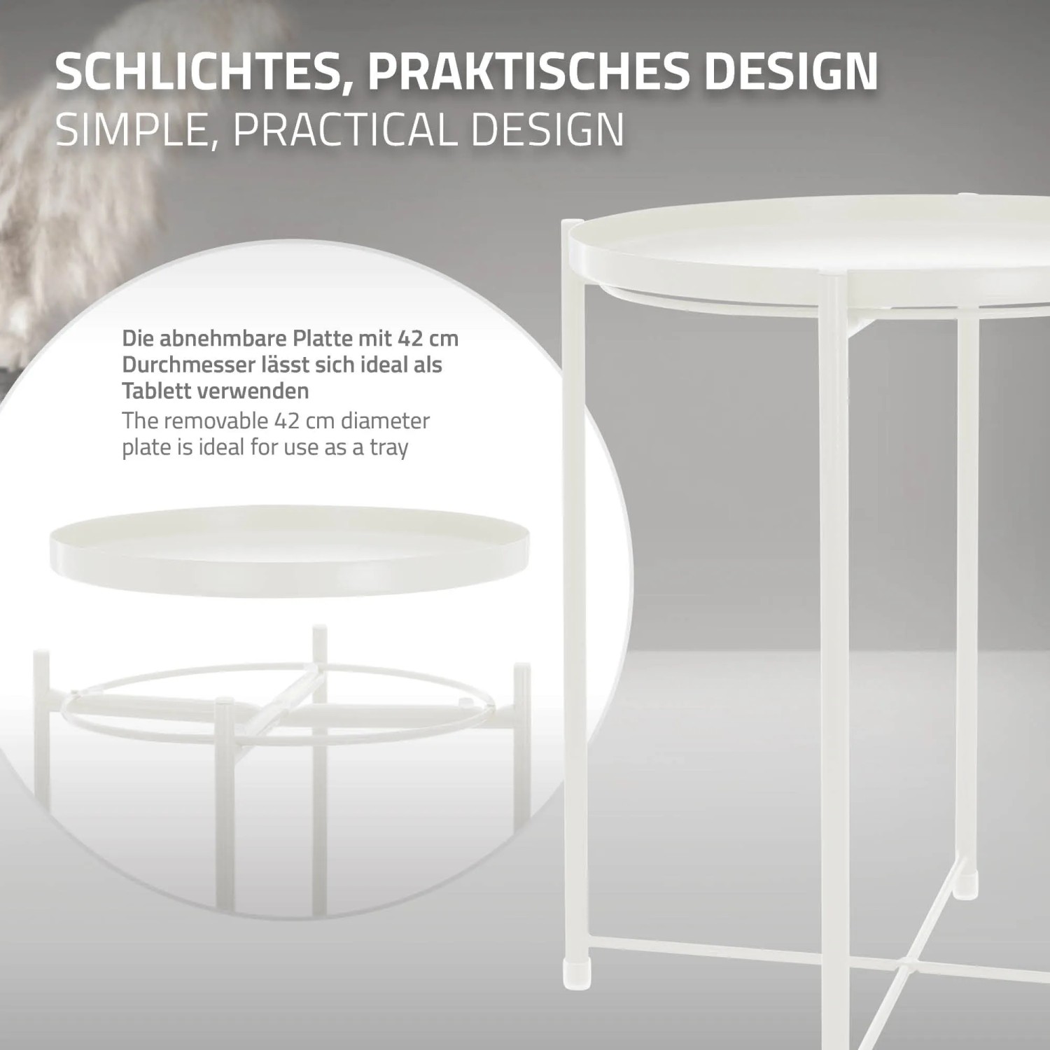 Weißer, runder ML-Design Beistelltisch mit abnehmbarem Tablett aus Metall, 45x52 cm.