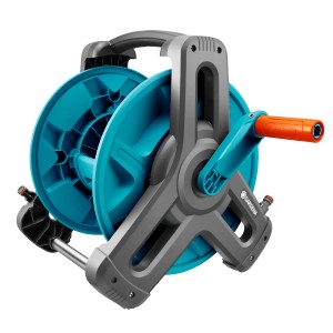 Gardena Schlauchtrommel Classic, blau-grau, mit Handkurbel und Stützfuß für Gartenschläuche bis 50m.