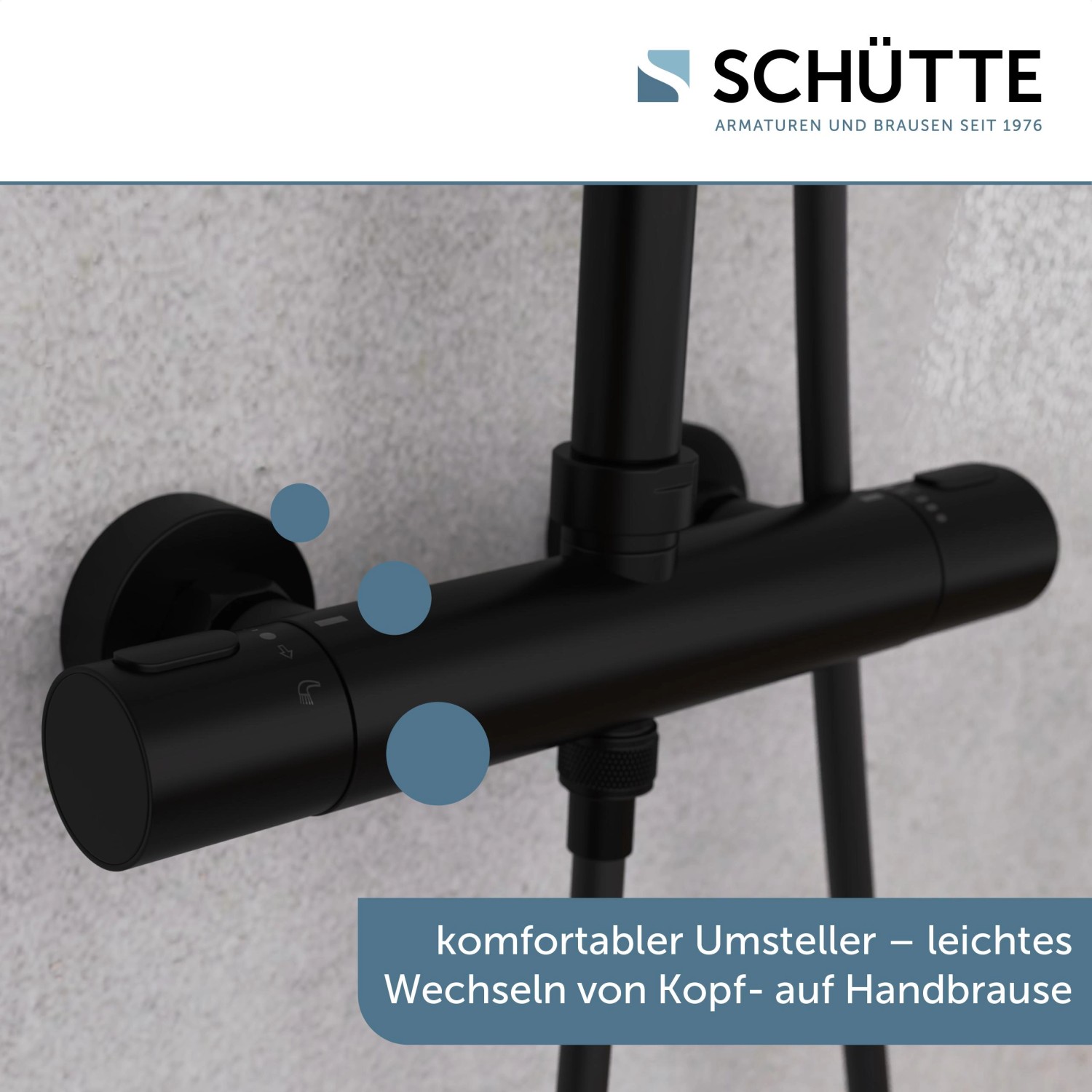 Schütte Aquaduct Brauseset mit Thermostat, Schwarz Matt. Regendusche und Handbrause.