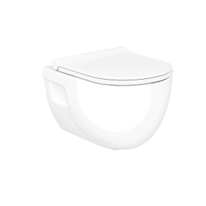 Weißes spülrandloses Wand-WC mit Softclose-Sitz und integrierter Taharet-Bidet-Funktion.