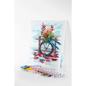 Edding 5000 Acrylmarker Enzianblau mit Leinwandbild und Farbauswahl.