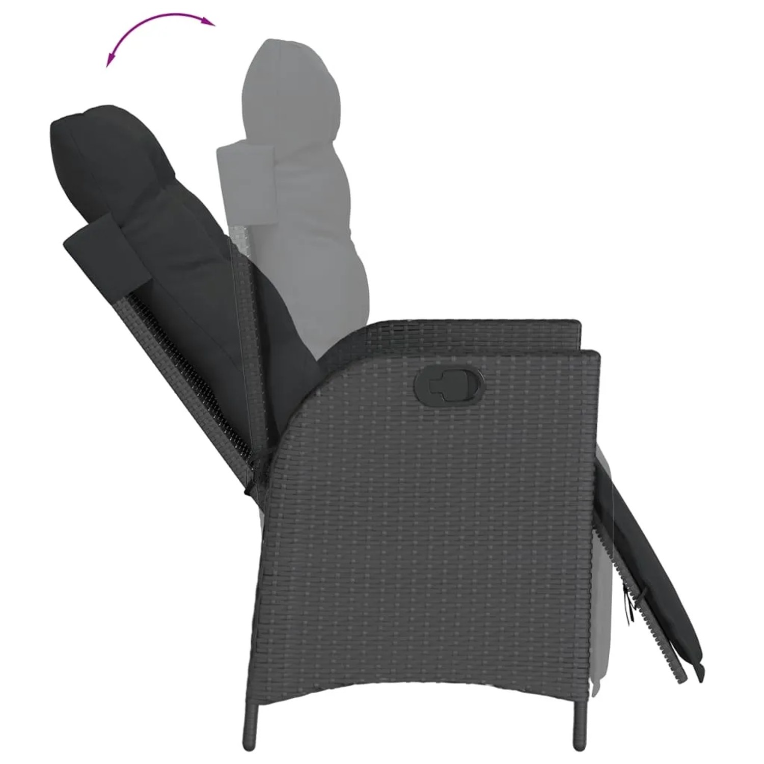 Verstellbarer, schwarzer Gartenstuhl aus Rattan mit Kissen, Teil der vidaXL 7-tlg. Garten-Essgruppe.