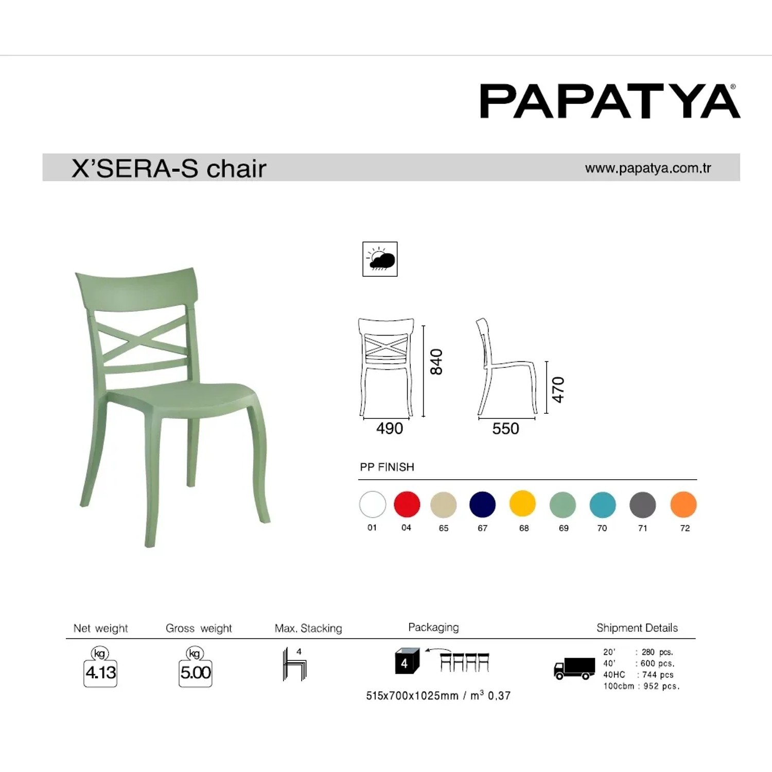 Resedagrüner Papatya XSera-S Gartenstuhl aus Polypropylen mit X-förmiger Rückenlehne.