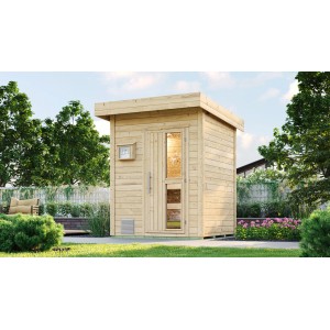 Weka Saunahaus Naantali Sparset mit 9 kW Ofen, naturbelassenes Holz, Außendarstellung.
