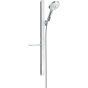 Hansgrohe Raindance Select S Brauseset mit Brausestange, Handbrause und Seifenablage in Weiß-Chrom.