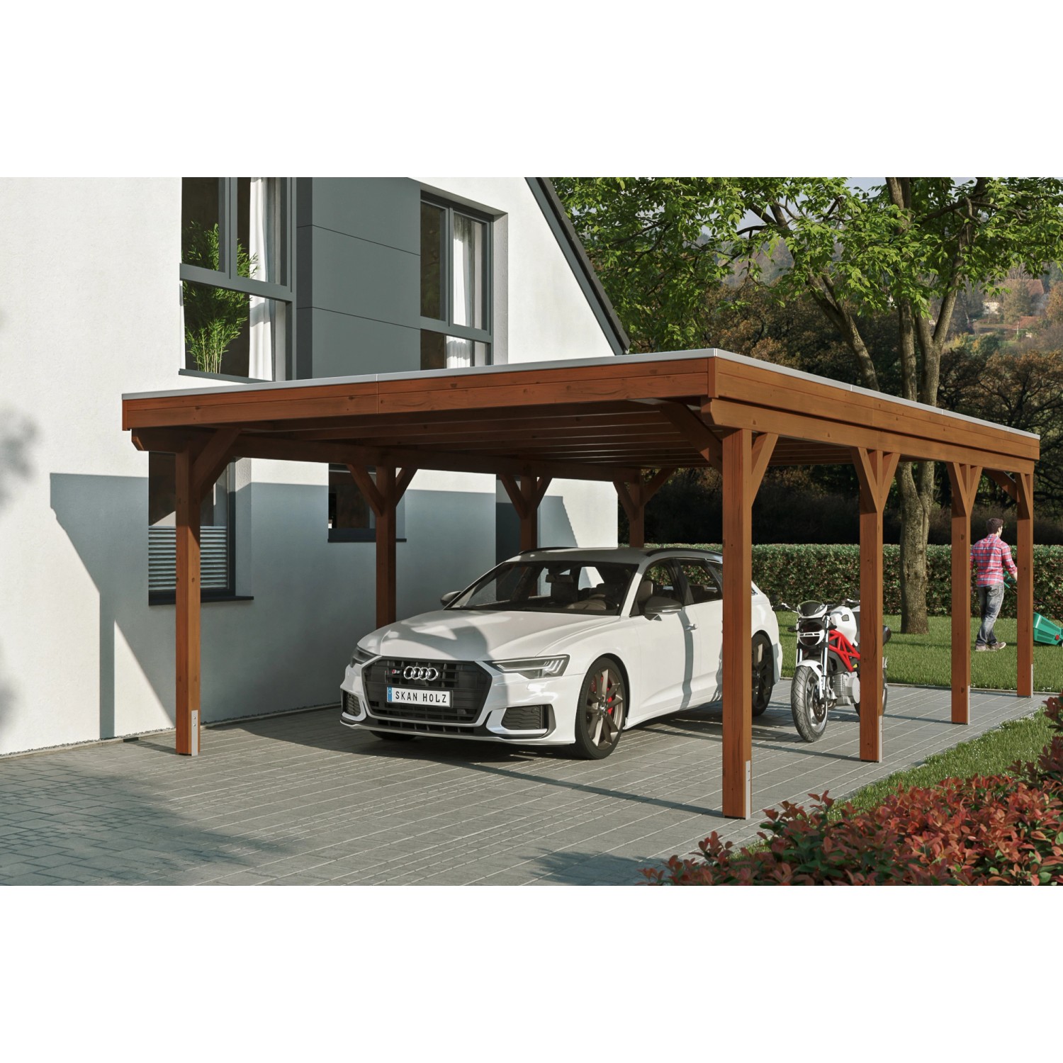 Skan Holz Carport Grunewald 427 cm x 796 cm mit Aluminiumdach Nussbaum