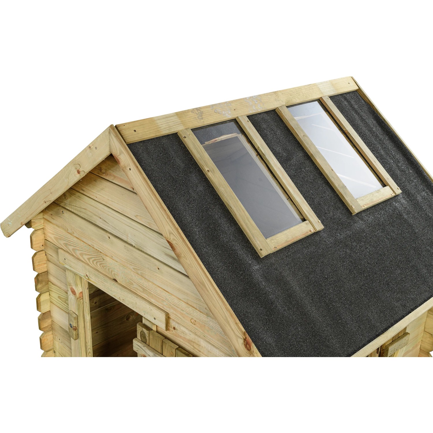 SwingKing Spielhaus Louise aus Holz mit Dachpappe und zwei Plexiglas-Dachfenstern.