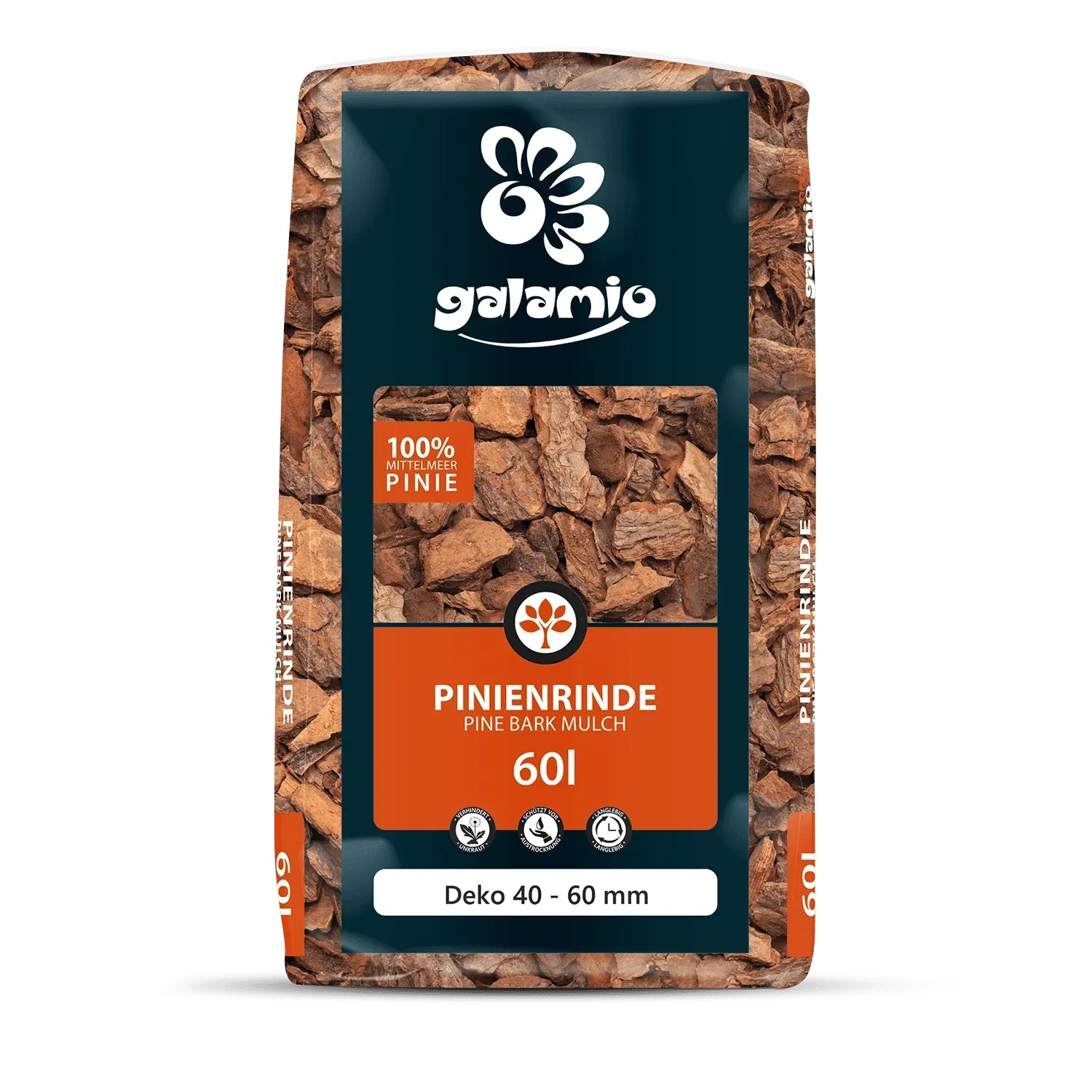 Verpackung Galamio Pinienrinde Deko 60l, Körnung 40-60mm, zur Bodenabdeckung und Dekoration im Garten.