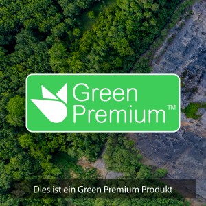 Green Premium Logo auf Natur-Hintergrund. Nachhaltiges Produkt.