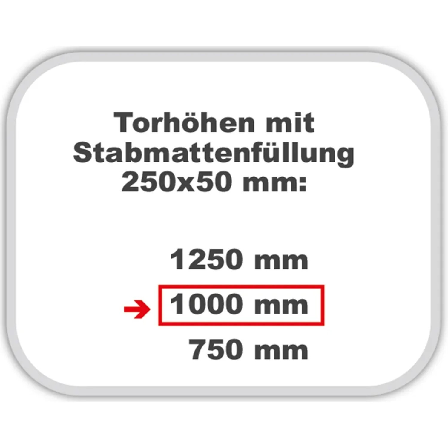 Infografik: Torhöhen mit Stabmattenfüllung 250x50 mm, 1250 mm, 1000 mm (rot umrandet), 750 mm.