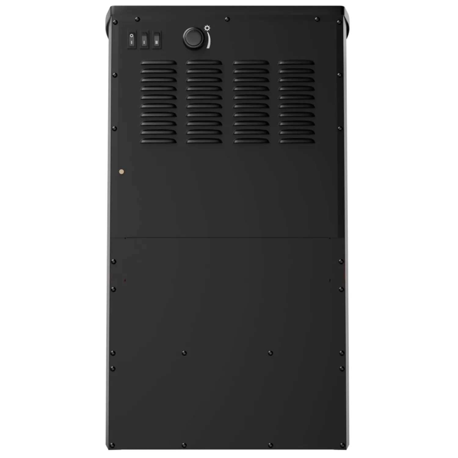 Rückansicht des schwarzen TroniTechnik Elektrokamins mit Schaltern und Lüftungsschlitzen.