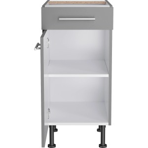 Optifit Unterschrank Mats825, 40 cm breit, in Basaltgrau mit Schublade und offener Tür.