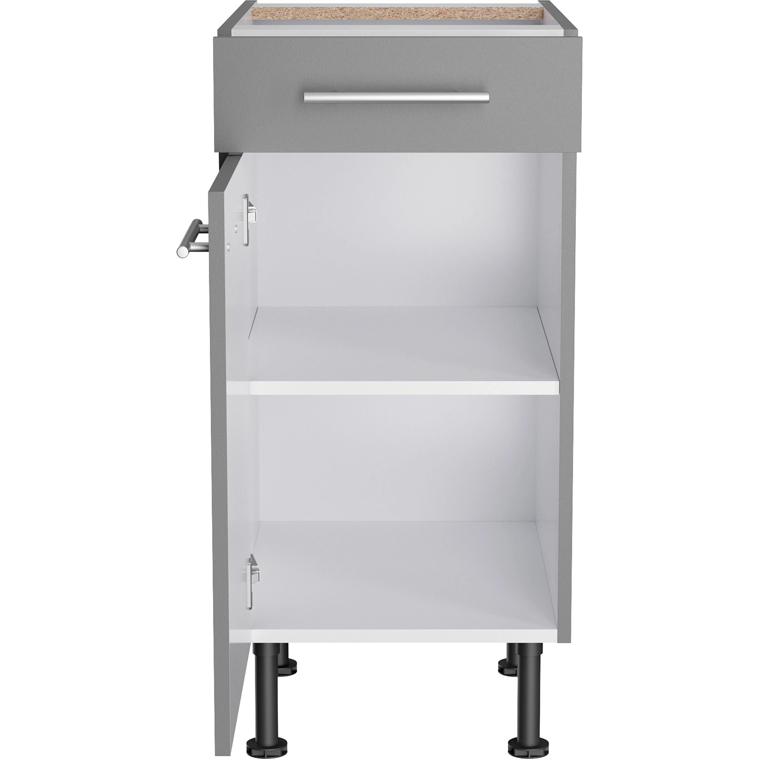 Optifit Unterschrank Mats825, 40 cm breit, in Basaltgrau mit Schublade und offener Tür.