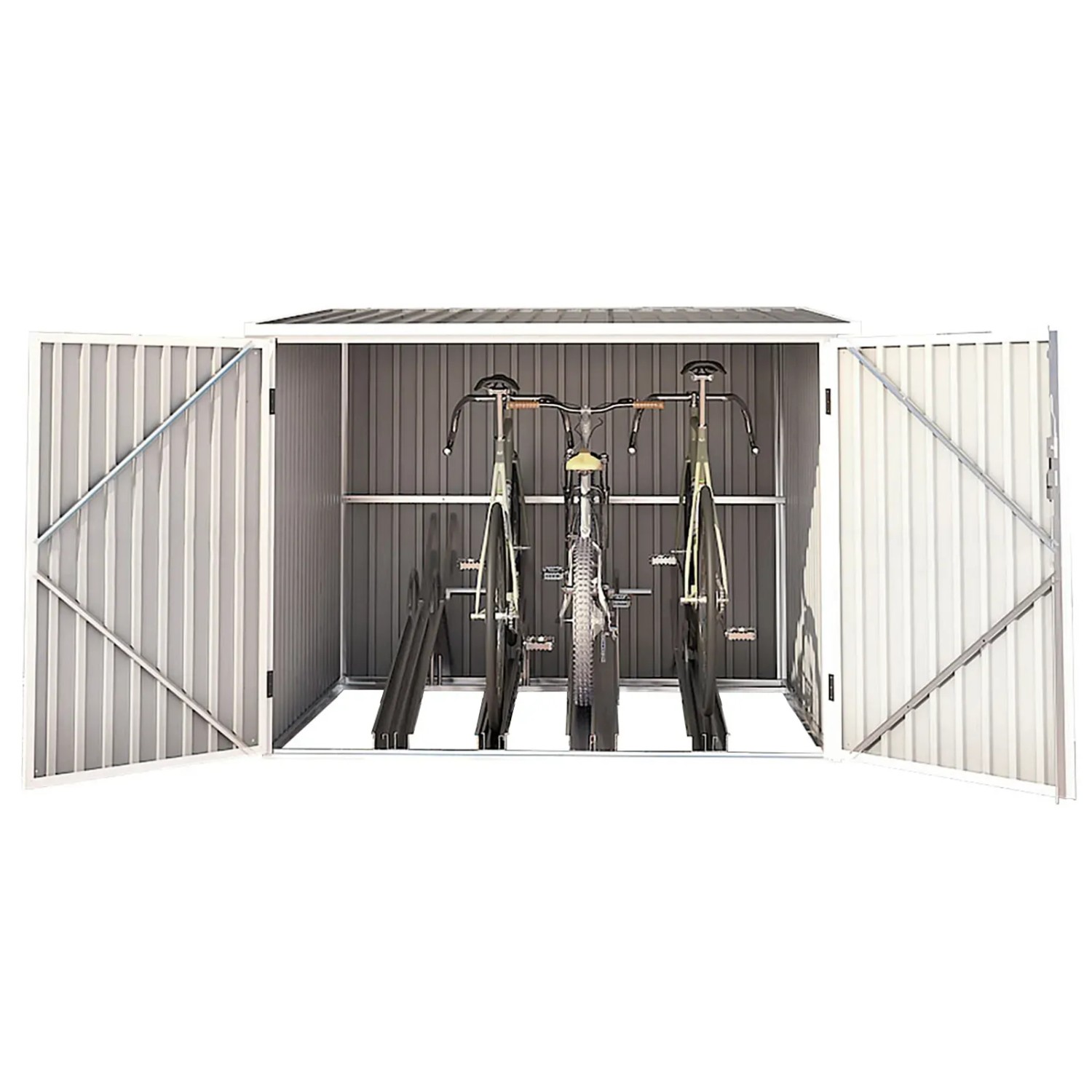 Graue Hattoro Fahrradgarage aus Metall mit geöffneten Türen und drei Fahrrädern darin.