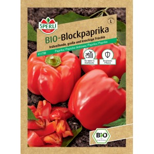 Samenpackung Sperli Bio Blockpaprika F1-Hybride mit roten Paprika und Paprikastücken.