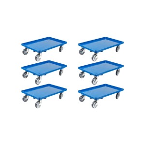 6er Set blaue PROREGAL Transportroller für Euroboxen (60x40 cm) mit Gummirädern, Traglast 300 kg.