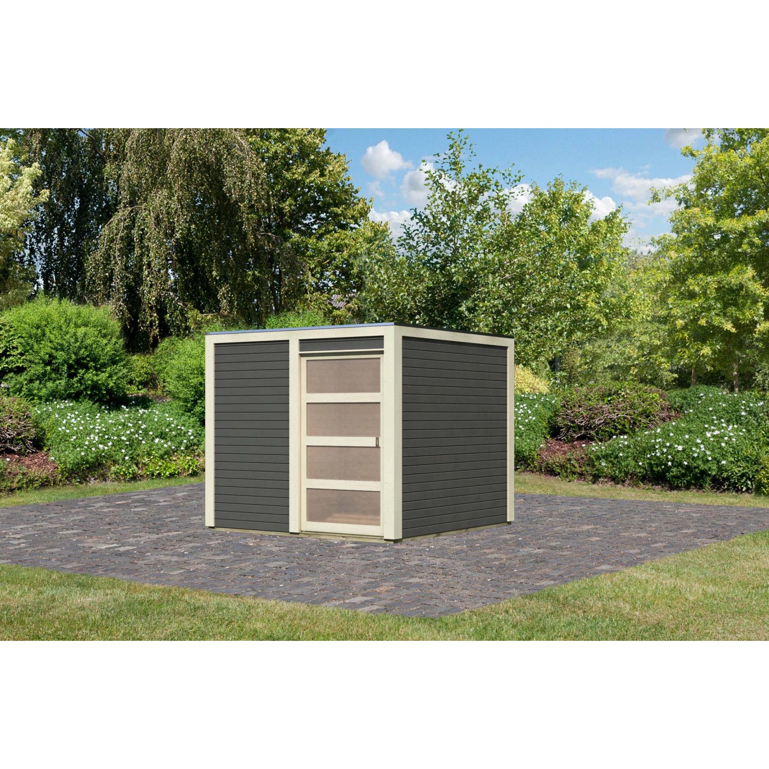 Karibu Holz-Gartenhaus Cuadrado Terragrau Flachdach Lackiert 242 cm x 242 c günstig online kaufen