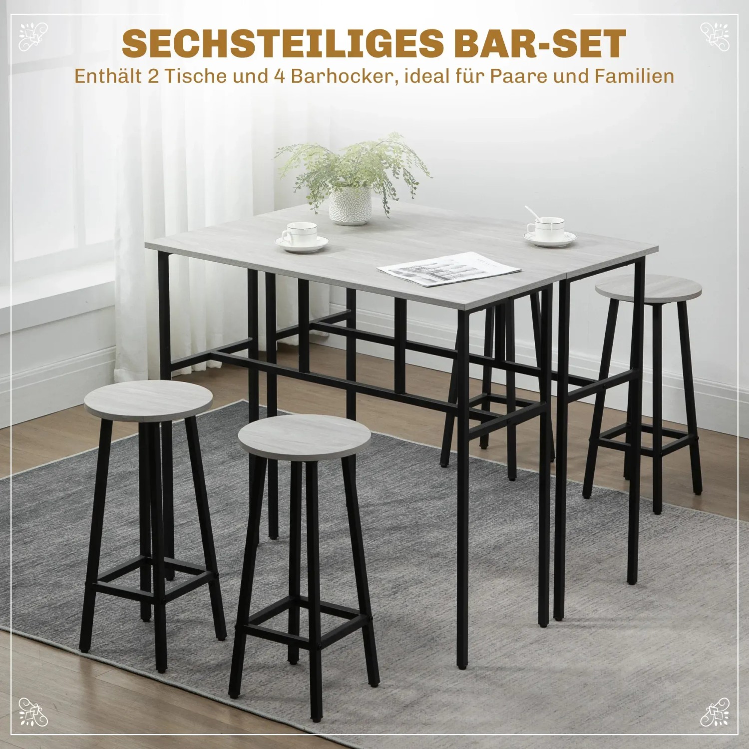 HOMCOM Bistrotisch-Set mit 2 Tischen und 4 Hockern in Grau/Schwarz. Ideal für kleine Räume.