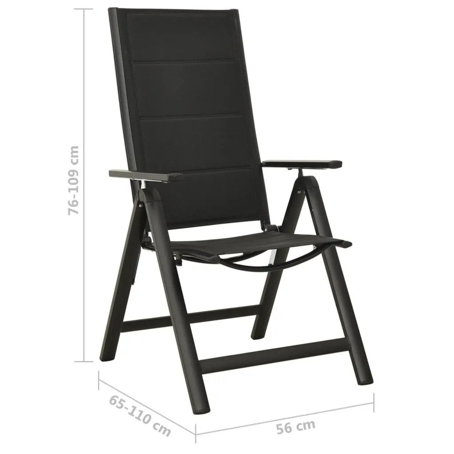 Schwarzer klappbarer Gartenstuhl aus Aluminium und Textilene. Verstellbare Rückenlehne für Komfort im Außenbereich.