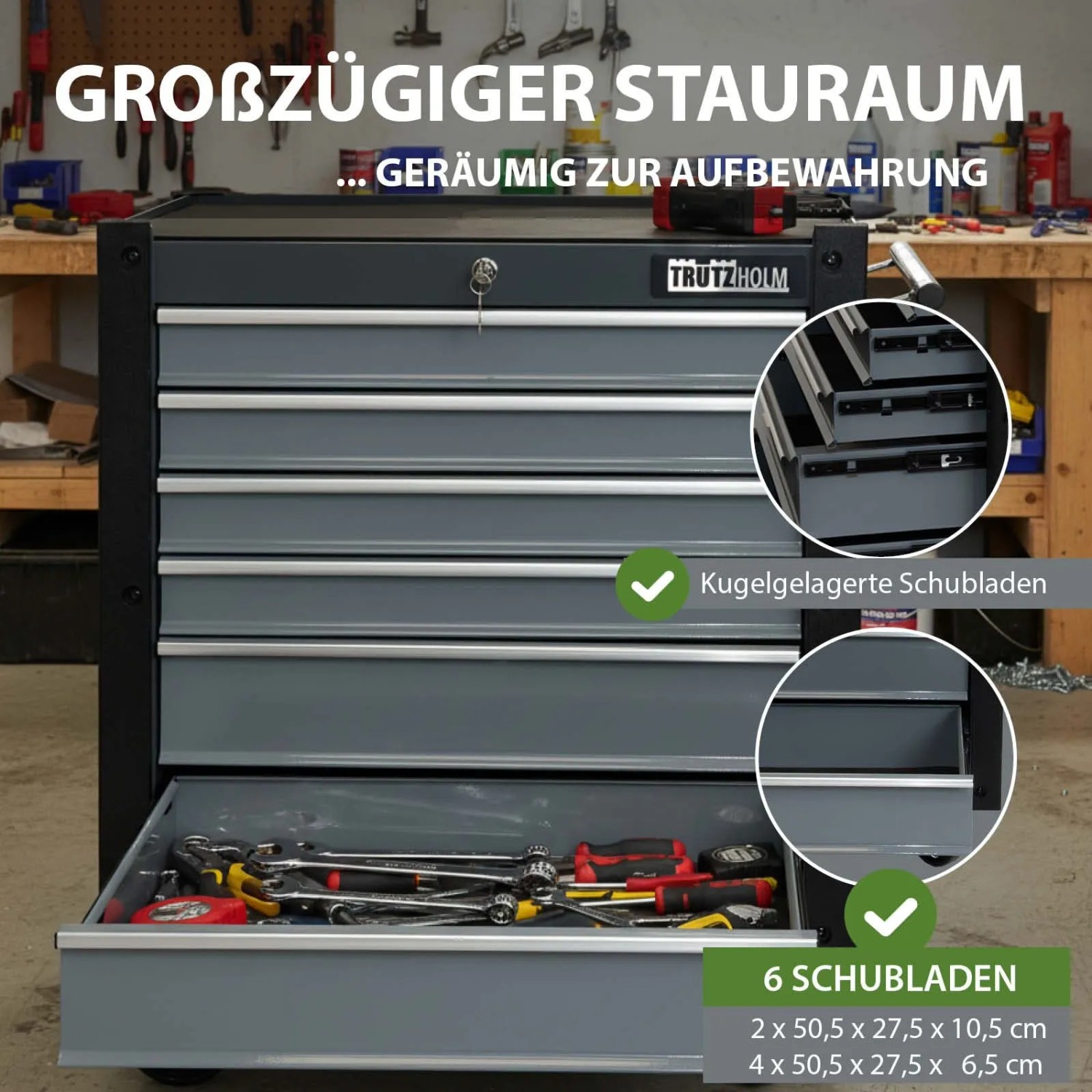 Grauer Trutzi Werkzeugwagen mit 6 Schubladen und Werkzeug in einer Schublade.