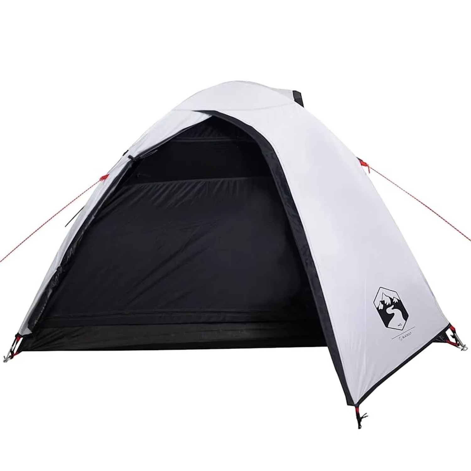 Weißes Furnicato Kuppelzelt mit Verdunkelung, offenem Eingang und roten Abspannleinen. Ideal für Camping.