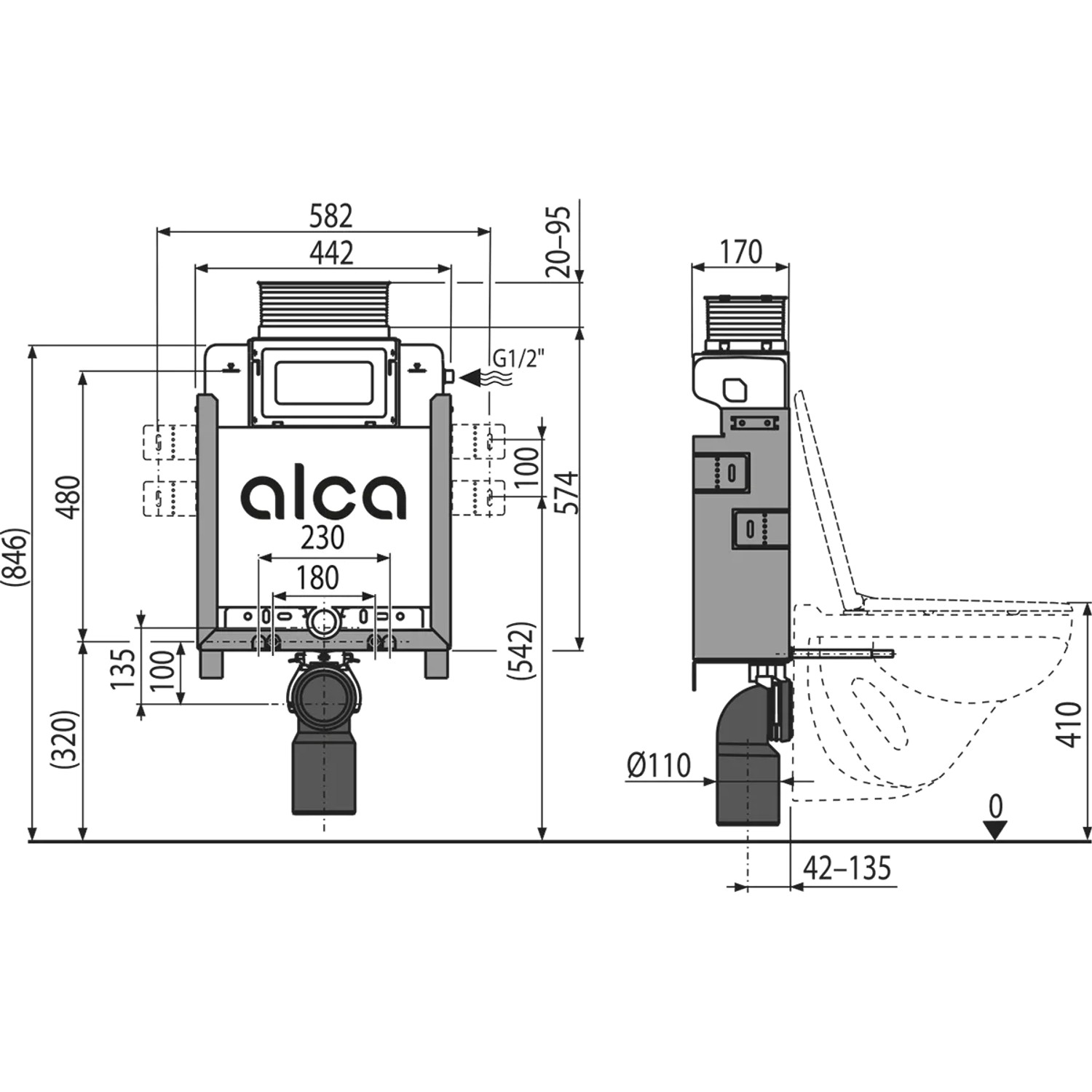 Alcadrain AM119/850 Renovmodul Vorwandinstallationssystem für Einmauerung, Betätigung vorne oder oben_2