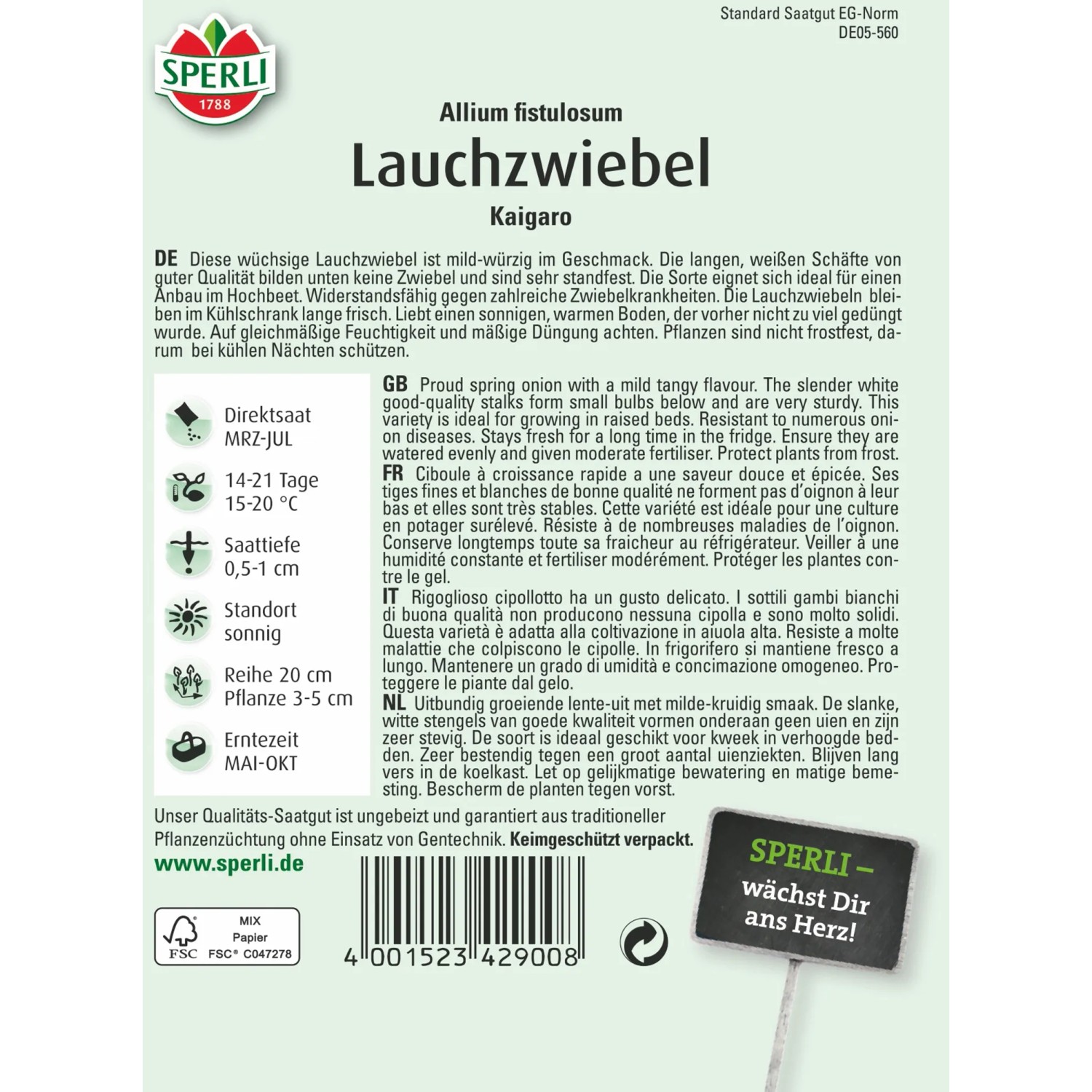 Sperli Lauchzwiebel Kaigaro Samenpackung, ideal für Beet und Kübel.