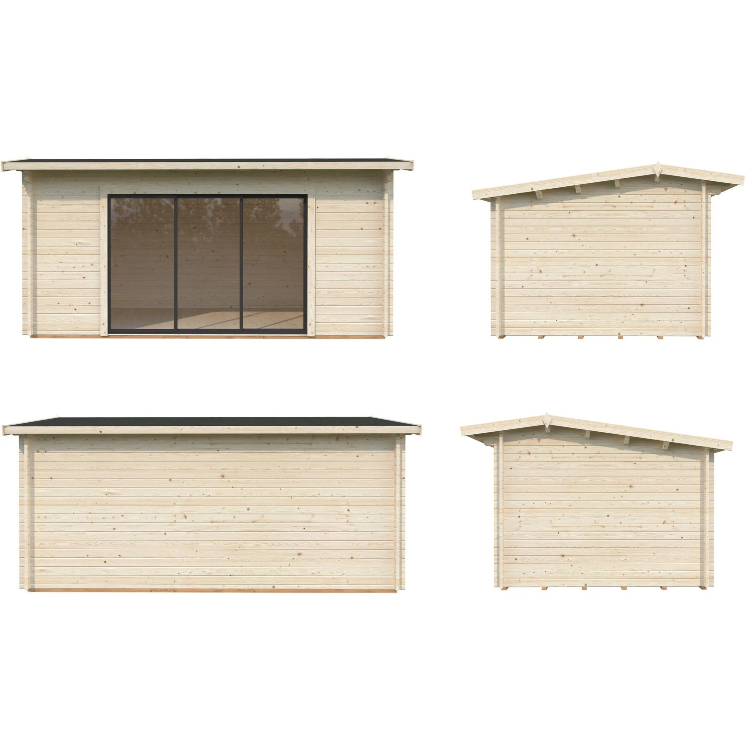 Palmako Gartenhaus Ines Slide, naturbelassen, 480x300 cm, mit Glasschiebetüren. Holz-Gartenhaus aus Fichte.